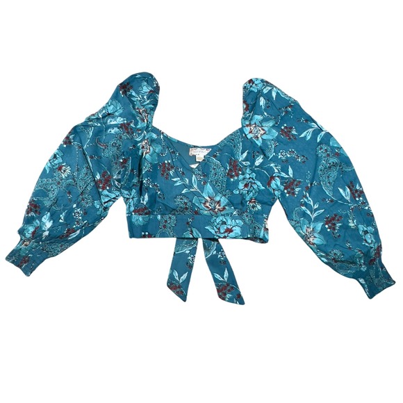 Band Of The Free Sybille Teal Floral Crossover Crop Top Balloon Sleeve Small NEW - Picture 1 of 8